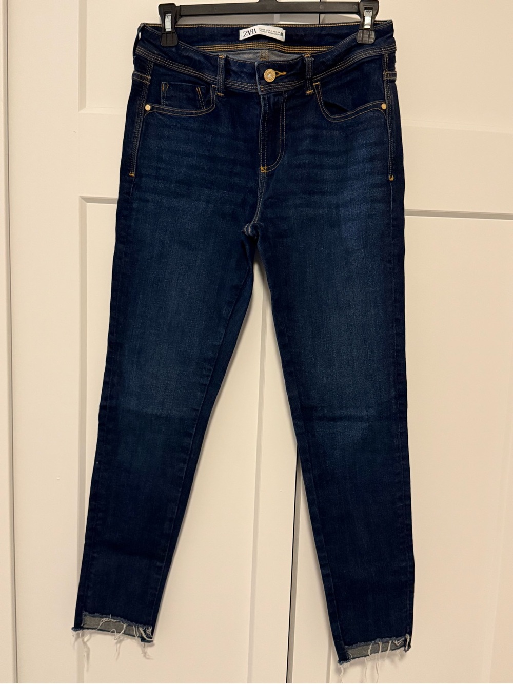 Zara Navy Skinny High-Rise Jeans with Raw Hem